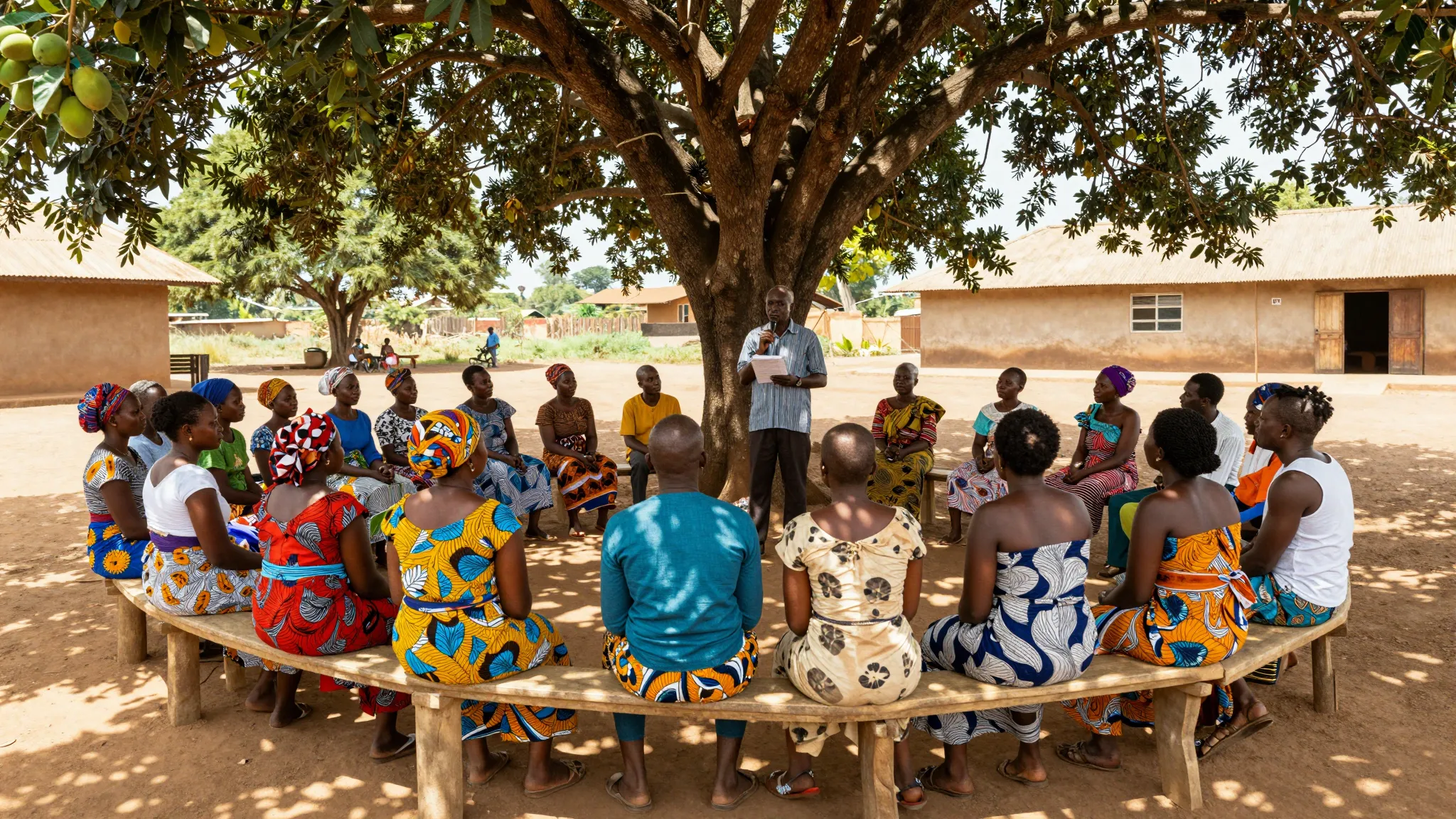 Community members seated in a circle under a large mango tree during a village meeting
