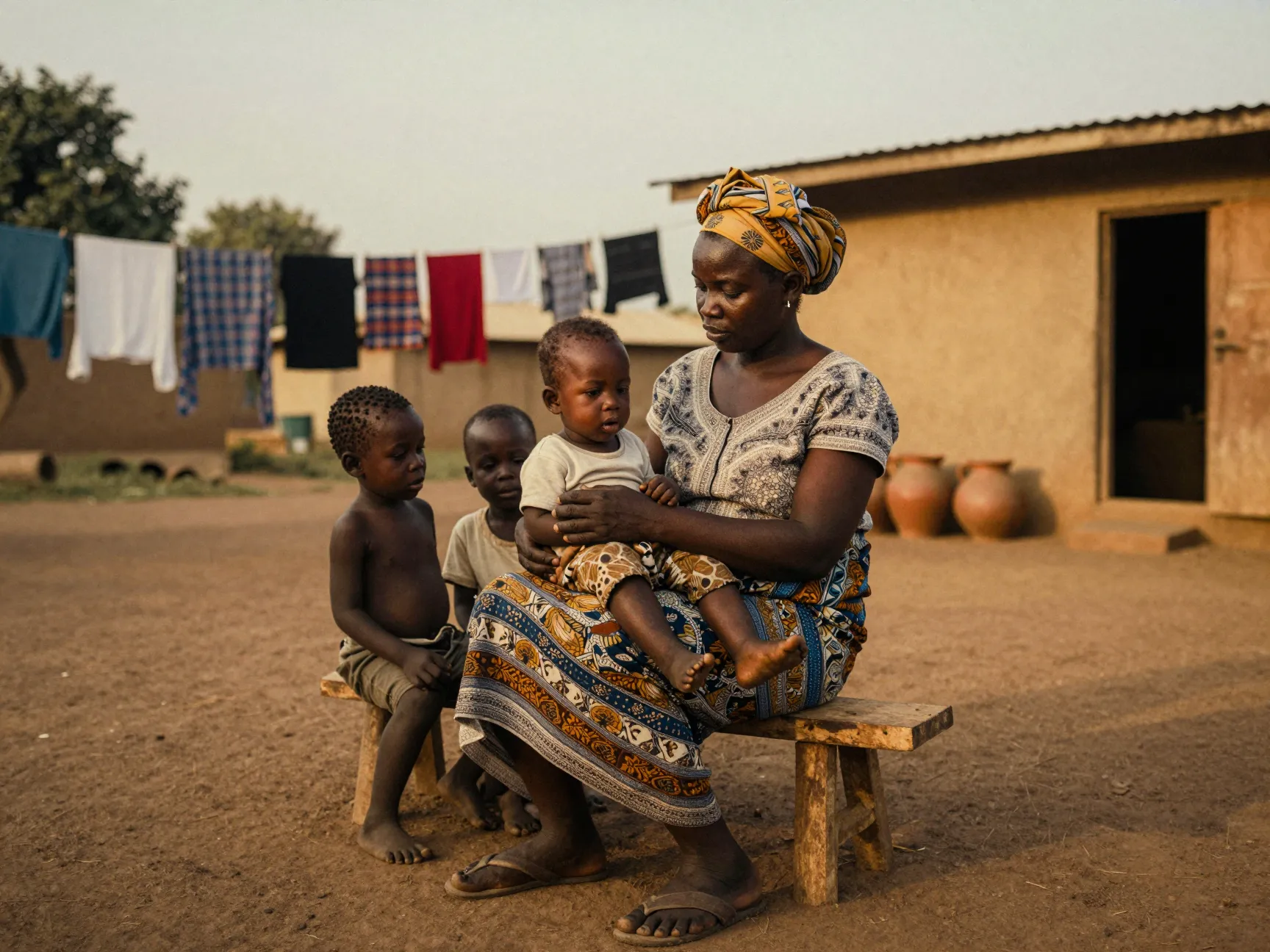 A caregiver sits on a low bench in a compound courtyard with three young children